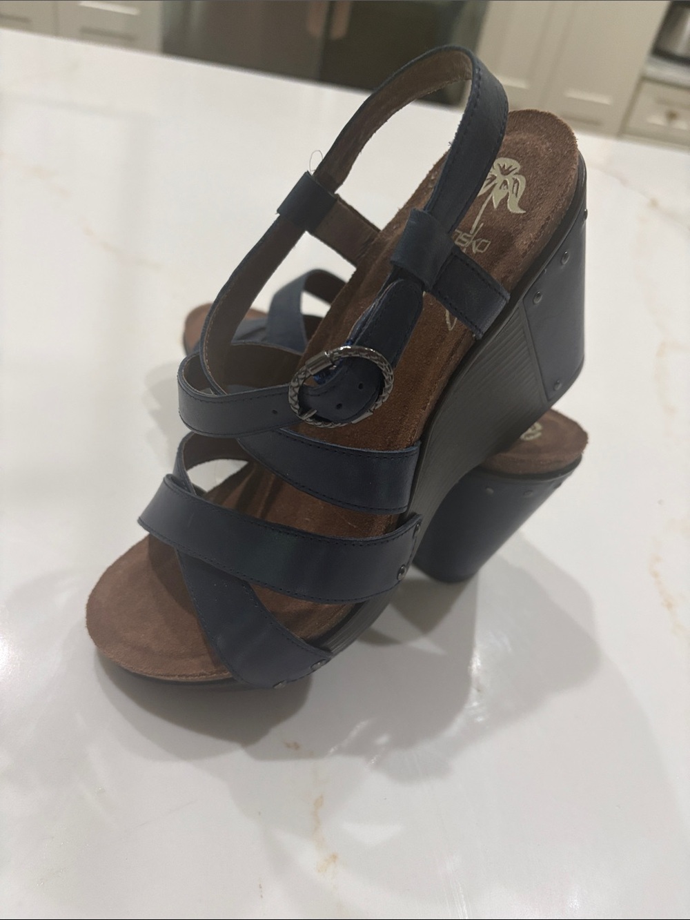 Dansko Navy Leather Strappy Wedge Sandals size 9/40